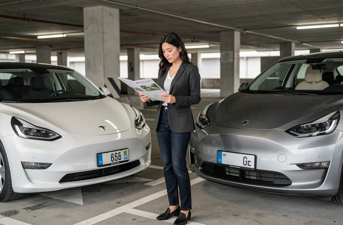 Comparaison entre une voiture électrique asiatique et Tesla dans un parking européen