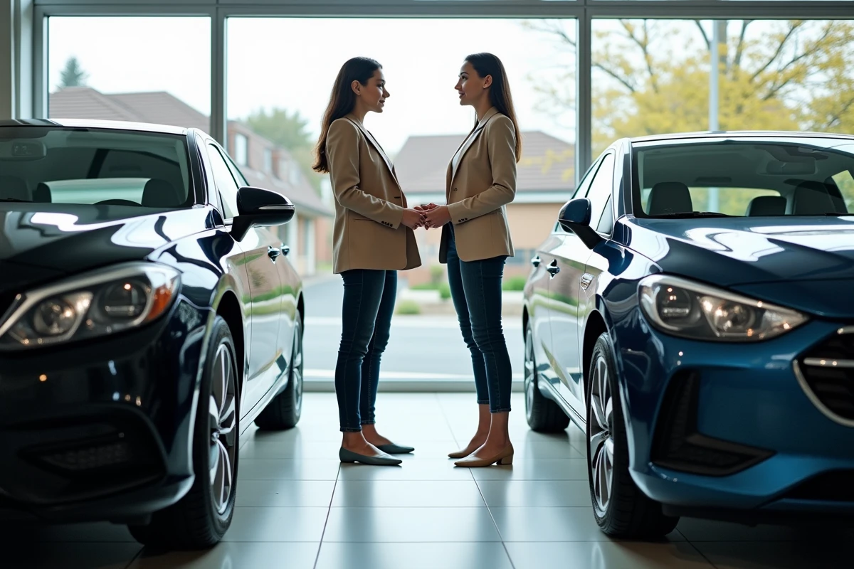 Femme en showroom automobile comparant une voiture de luxe et un modèle généraliste côte à côte