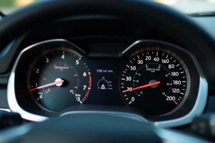 Tableau de bord de voiture avec compteur de vitesse affichant miles par heure et kilomètres par heure