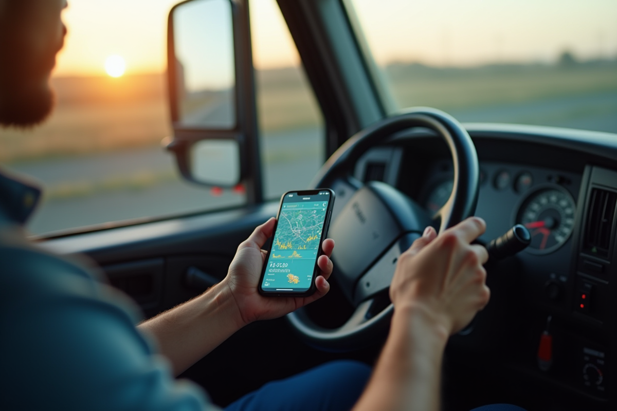 Conducteur de camion tenant un smartphone avec données de fret