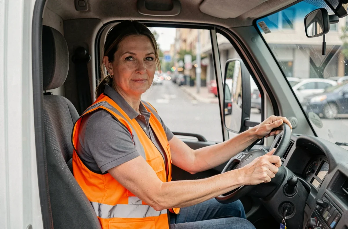Conductrice professionnelle dans la cabine d'un camion de livraison de taille moyenne avec gilet haute visibilité, référence au permis C1 pour la conduite professionnelle
