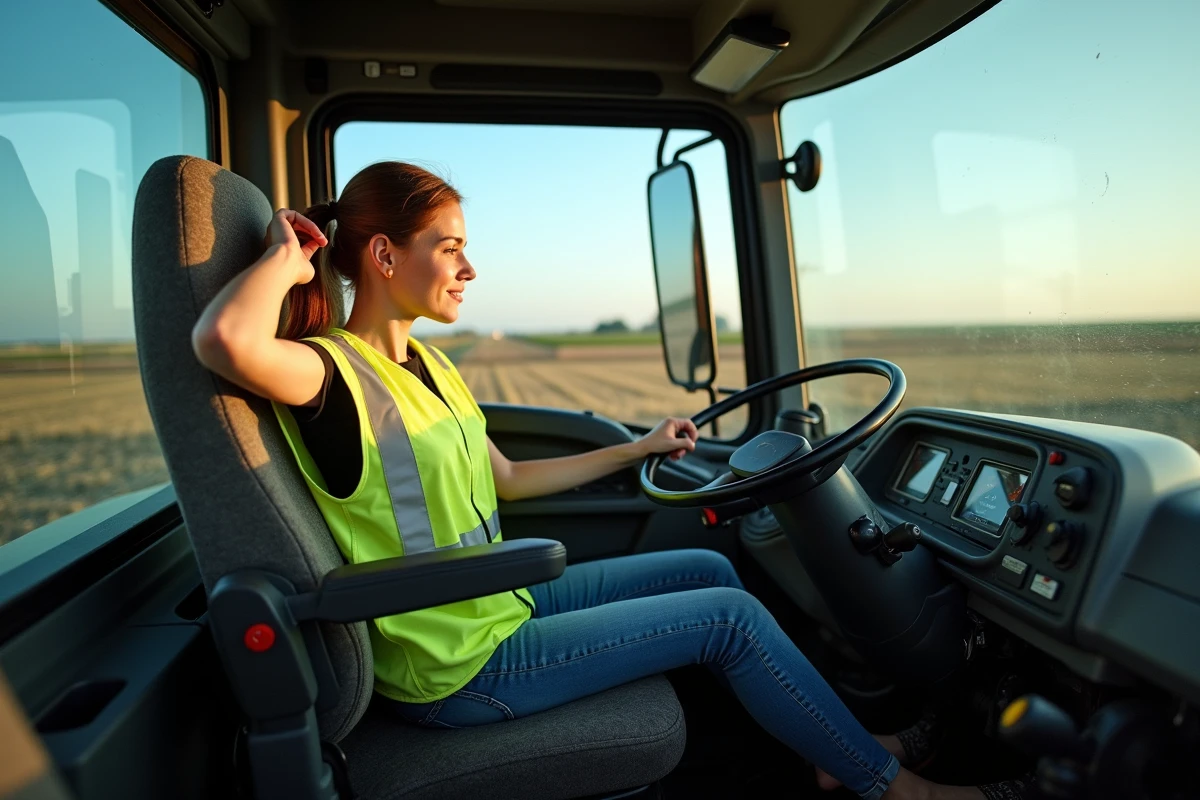 Jeune femme ajustant le siège dans la cabine du tracteur