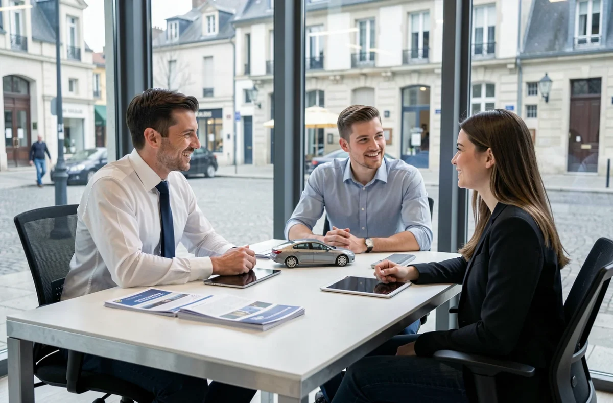 Conseiller en assurance présentant des garanties auto à un couple dans une agence