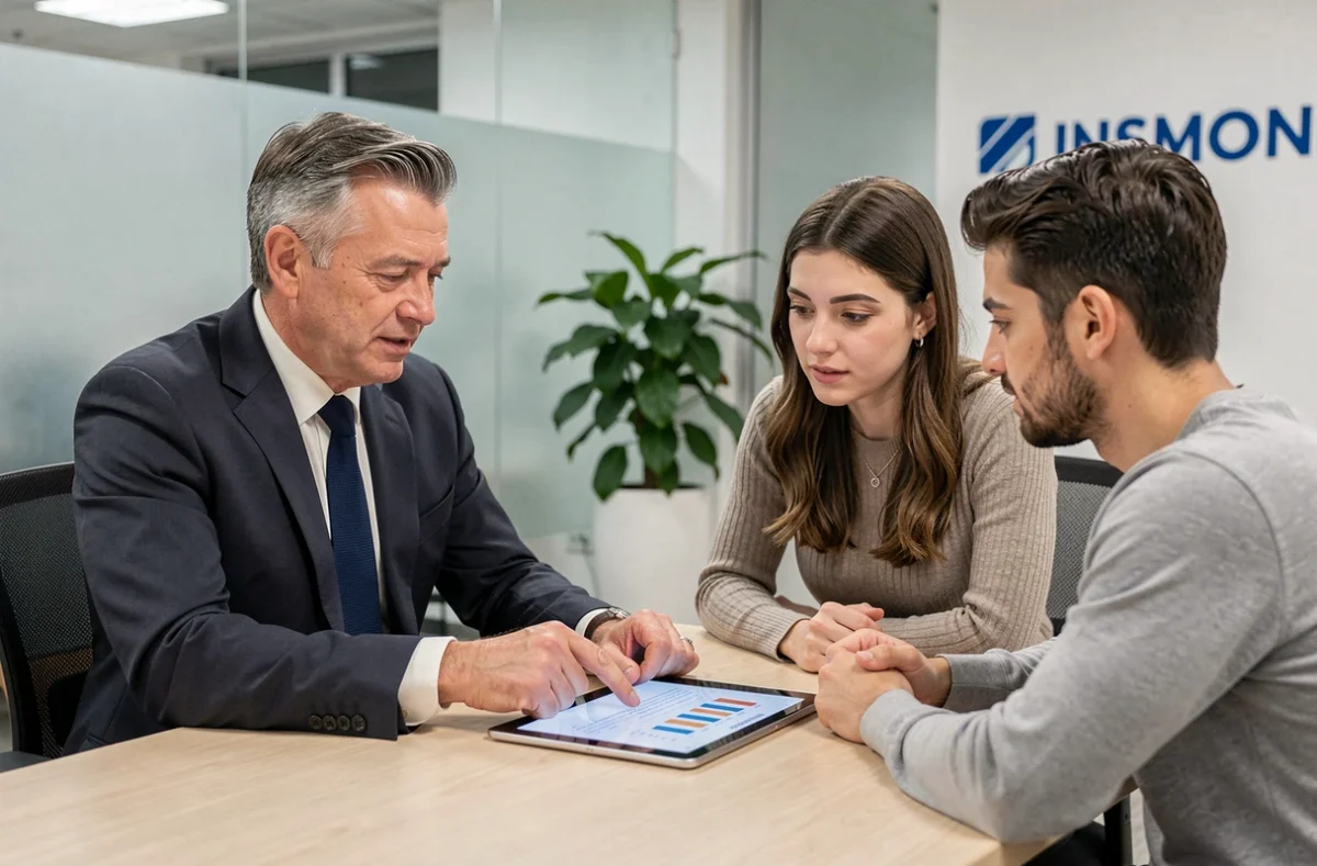 Conseiller en assurance expliquant le système de bonus-malus à un couple dans une agence moderne