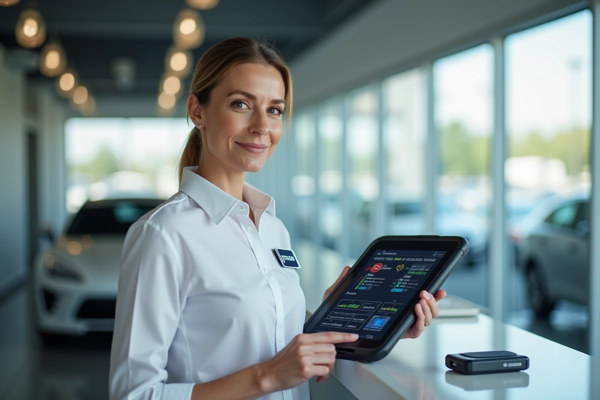 Conseillère technique automobile consultant les données de diagnostic sur tablette avec une balise connectée en concession