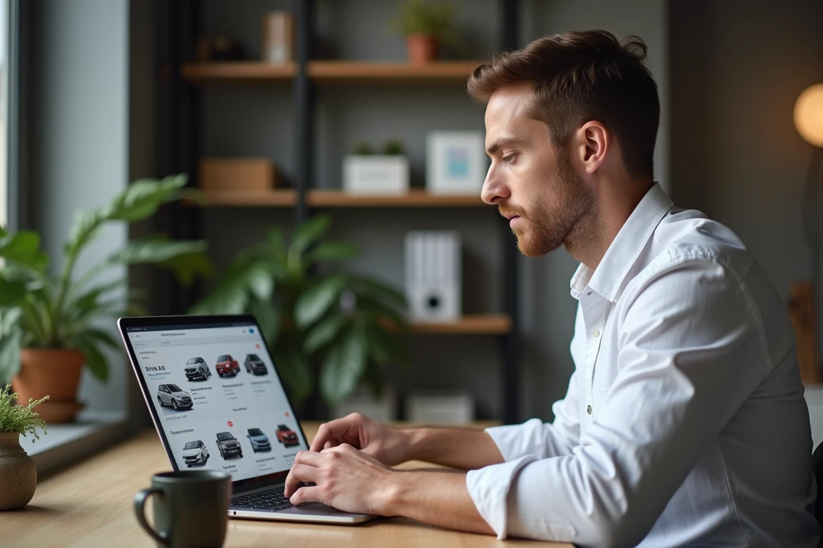 Homme consultant une plateforme de vente de voitures en ligne depuis son bureau à domicile pour comparer des offres Aramisauto en 2026