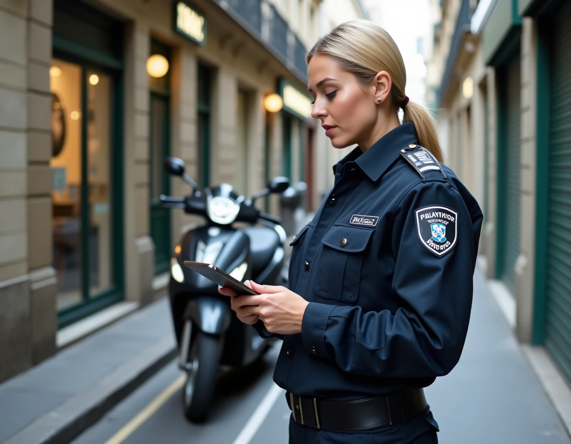 Policière en uniforme vérifiant un scooter de livraison stationné sur une zone de livraison à pointillés dans une rue étroite de Paris