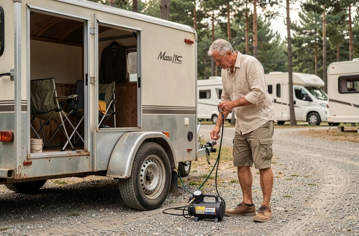 Homme contrôlant la pression du pneu d'une remorque bagagère sur un terrain de camping avec un compresseur portable
