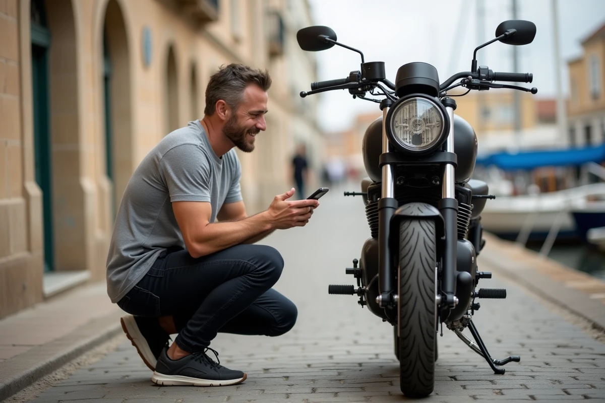 Homme vérifiant le numéro VIN d'une moto dans une rue du port d'Agde