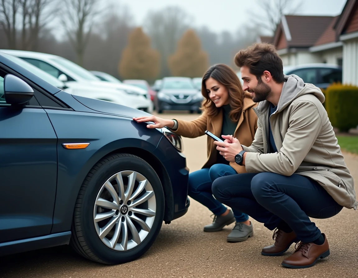 Couple évaluant une voiture d'occasion bleue dans un parc automobile en consultant un site spécialisé par marque sur smartphone