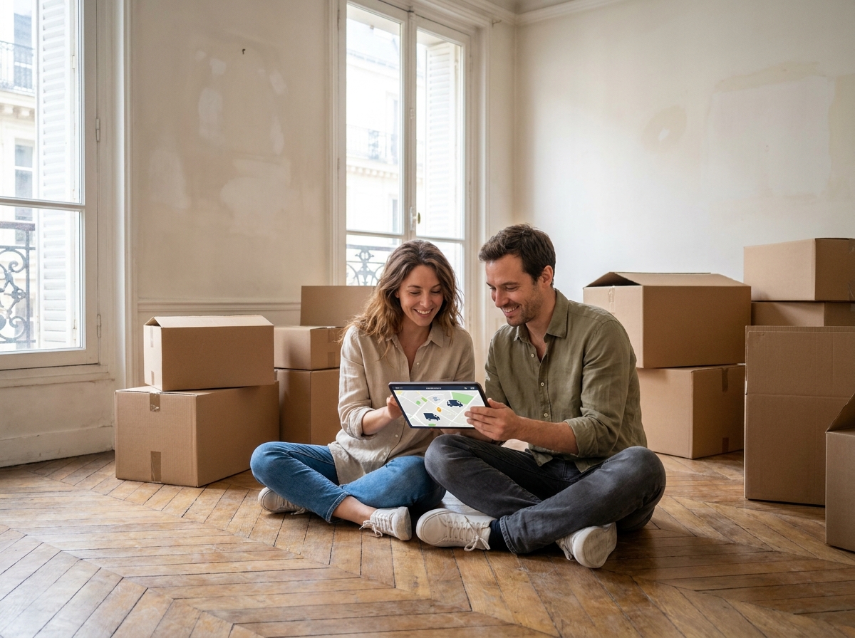 Couple planifiant leur déménagement sur tablette dans un appartement parisien vide avec parquet en point de Hongrie et cartons empilés
