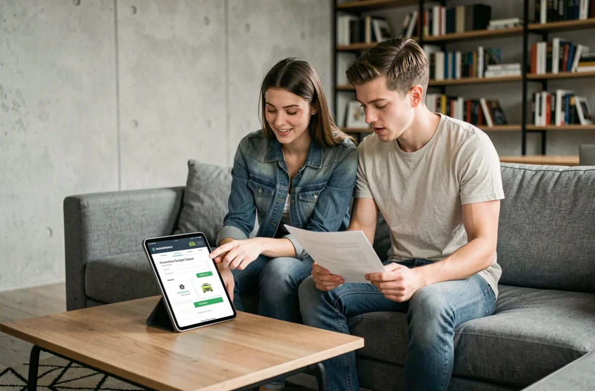 Couple souscrivant ensemble une assurance auto en ligne sur tablette dans un salon contemporain