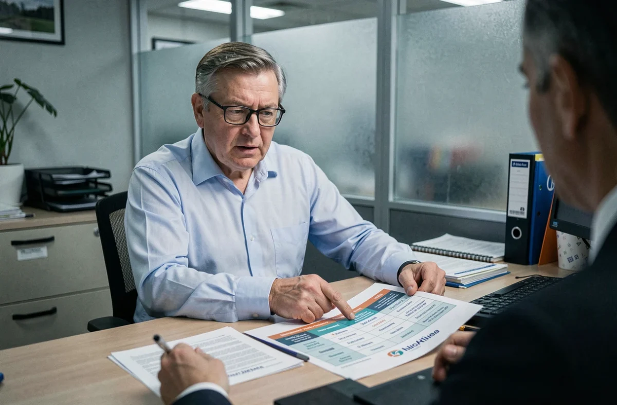 Courtier en assurance auto expliquant un tableau comparatif à un client dans une agence