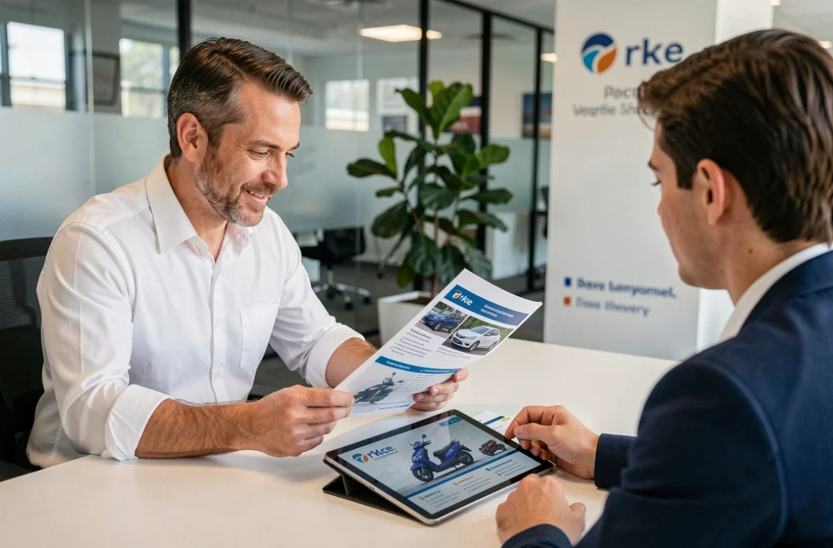 Courtier en assurance présentant un comparatif d'assurance scooter à un client dans une agence d'assurance moderne