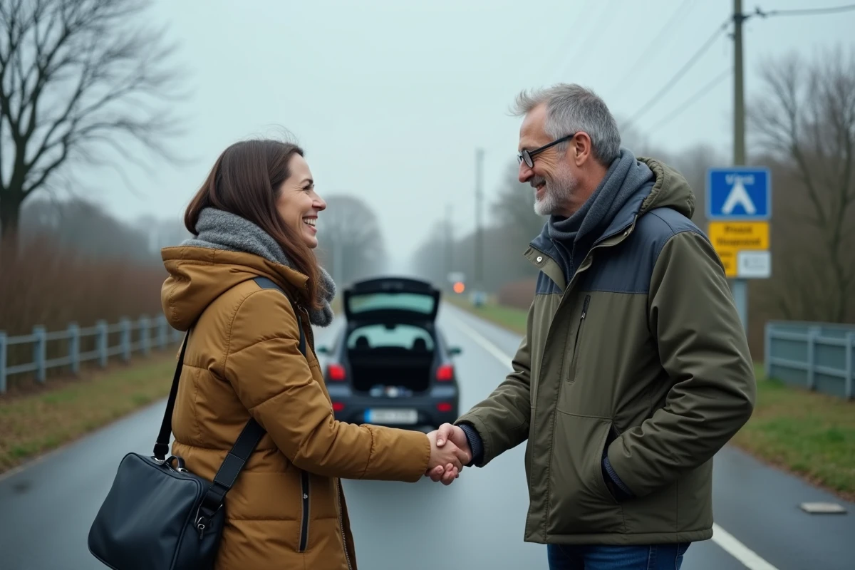 Deux covoitureurs se retrouvant sur un parking relais Vinci Autoroutes en zone périurbaine