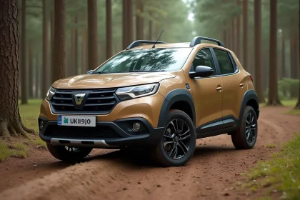 SUV compact style Dacia Sandman garé sur un chemin de terre en forêt de pins, vue trois quarts avant en lumière naturelle