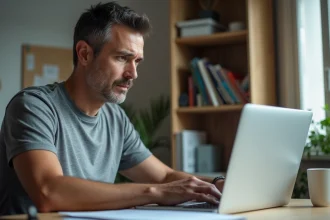 Homme remplissant un formulaire de certificat de cession sur le site ANTS depuis son bureau à domicile