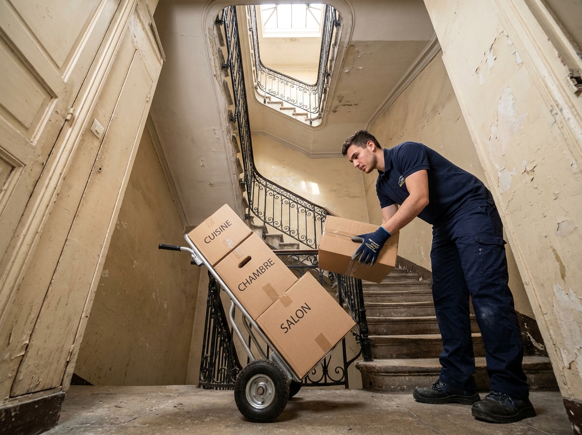 Déménageur professionnel transportant des cartons dans un escalier d'immeuble parisien avec rampe en fer forgé