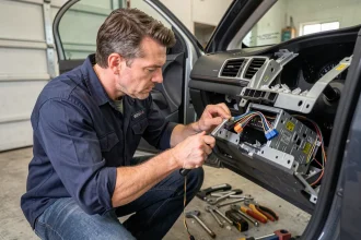 Technicien déconnectant un autoradio d'origine avec un outil de démontage dans un garage résidentiel