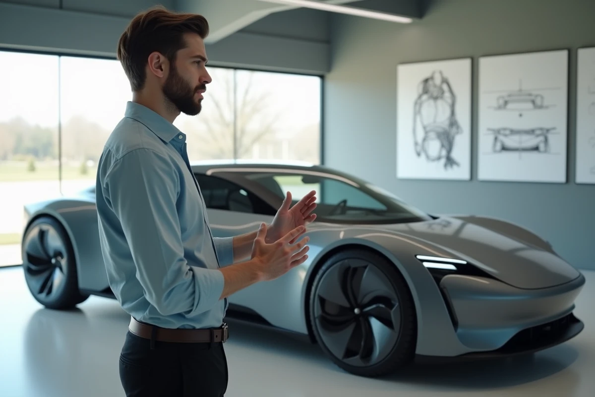 Jeune designer automobile avec prototype électrique en showroom