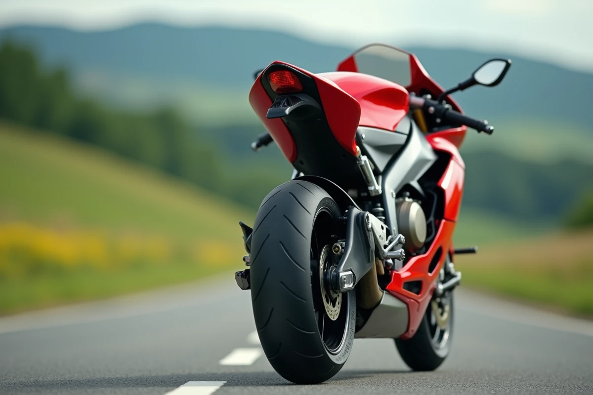 Détail mécanique arrière d'une moto A2 rouge sur route asphaltée avec campagne verte en arrière-plan flou