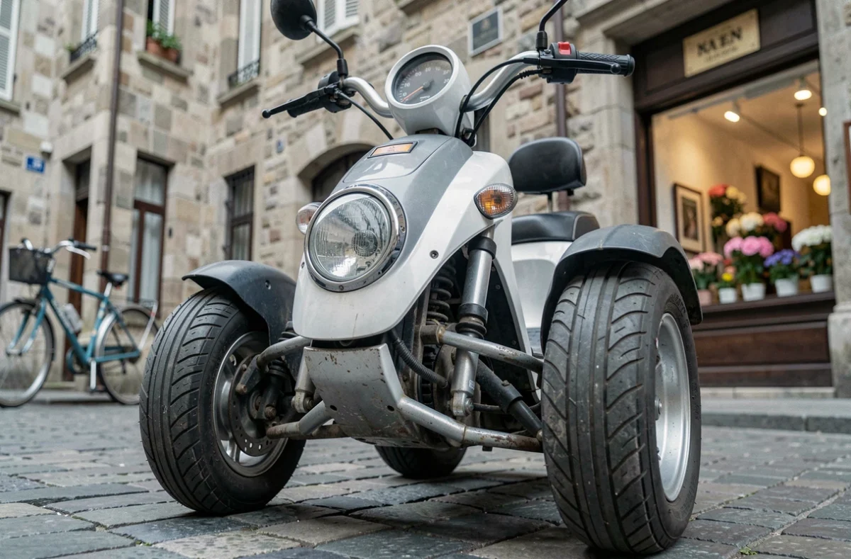 Gros plan sur la roue avant d'un scooter 3 roues garé sur des pavés, détail technique pour un article sur le prix de l'assurance