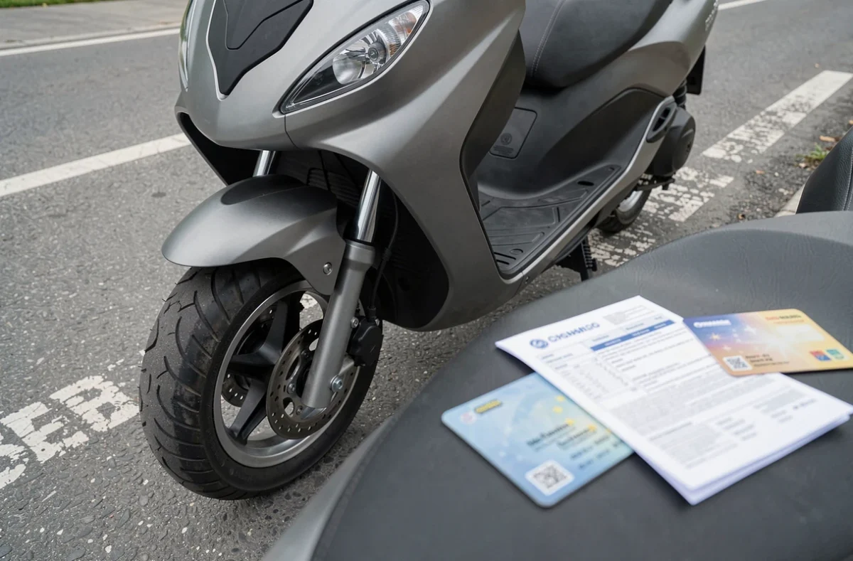 Gros plan sur les deux roues avant d'un scooter 3 roues avec permis et carte grise posés sur la selle