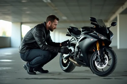 Motard inspectant sa moto avec un détecteur de traceur GPS dans un parking souterrain