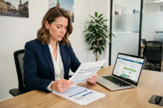 Femme consultant un devis d'assurance auto dans une agence à Limoges