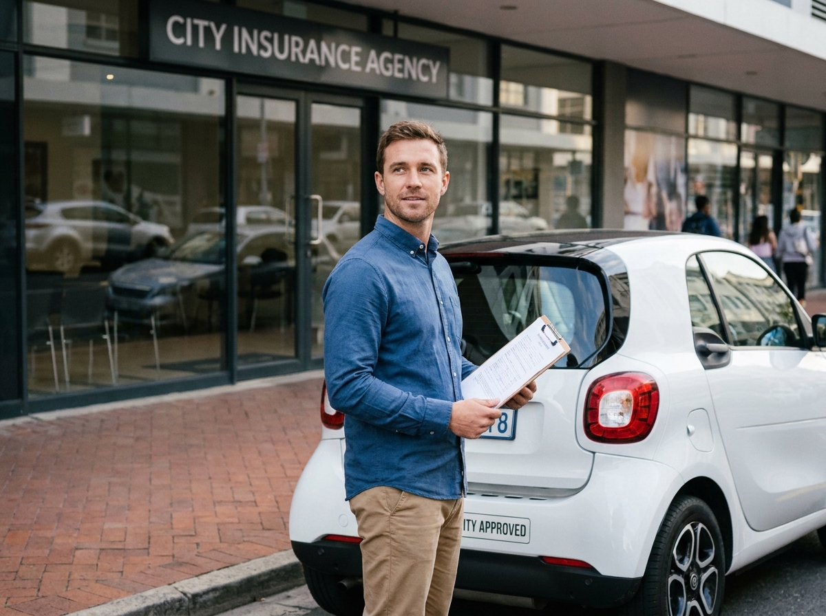 Homme consultant un devis d'assurance pour voiture sans permis devant une agence en ville