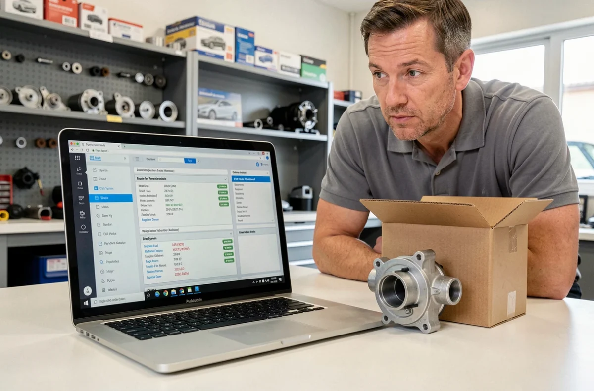 Logiciel de diagnostic moteur affichant un code défaut vanne EGR avec une pièce de remplacement neuve sur un bureau d'atelier