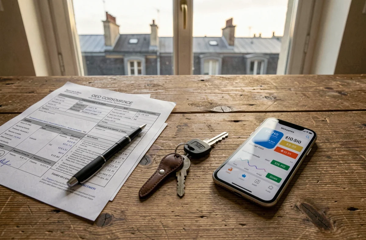Documents d'assurance moto, clés et smartphone sur un bureau pour comparer les tarifs à Reims