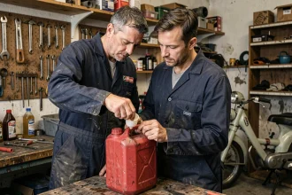 Mécanicien dosant de l'huile deux temps dans un bidon d'essence rouge dans un atelier de mécanique