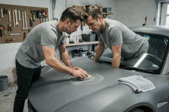 Homme appliquant un clay bar sur la carrosserie d'une voiture gris nardo dans un garage résidentiel, entretien de peinture mate