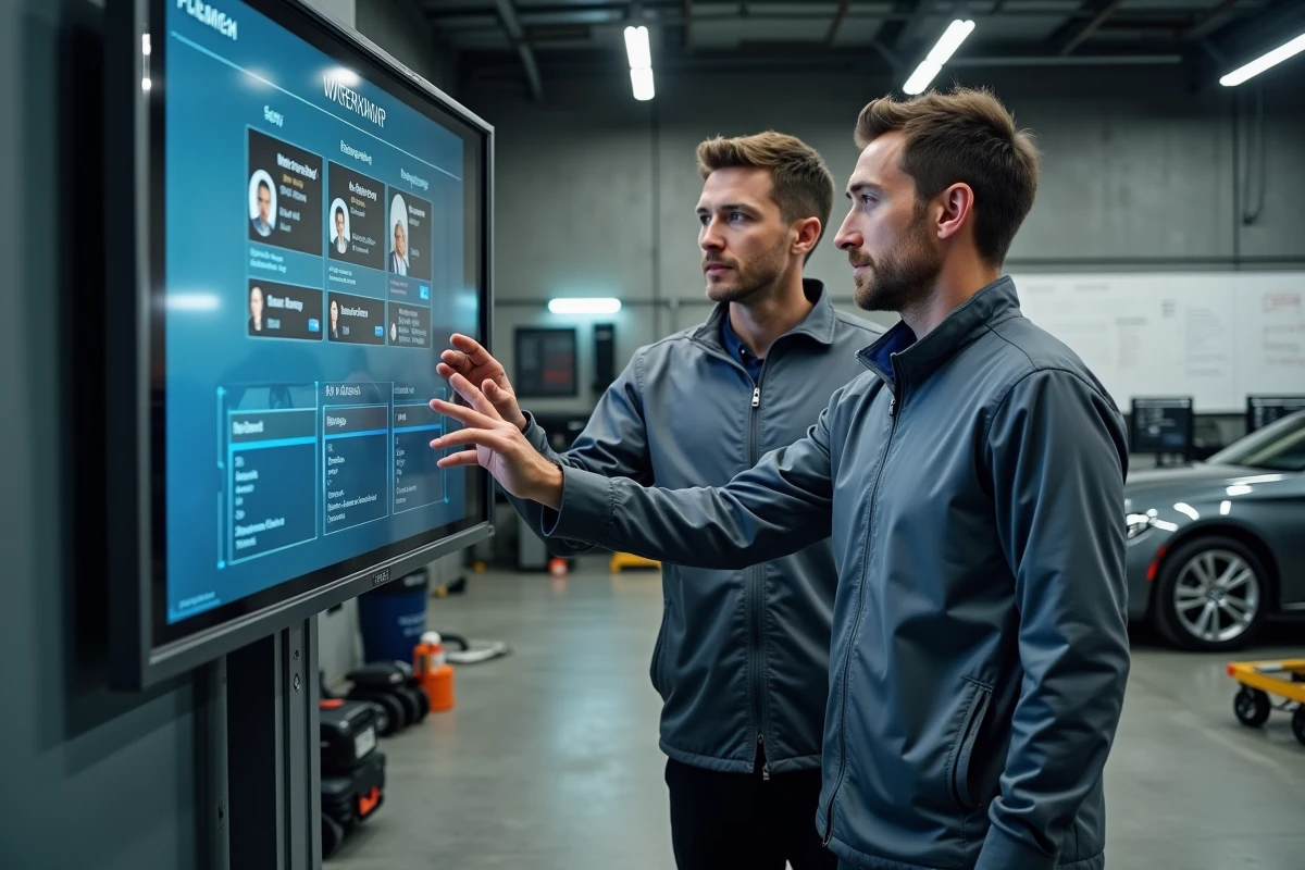 Équipe d'atelier automobile réunie autour d'un écran tactile pour configurer un logiciel de gestion des utilisateurs
