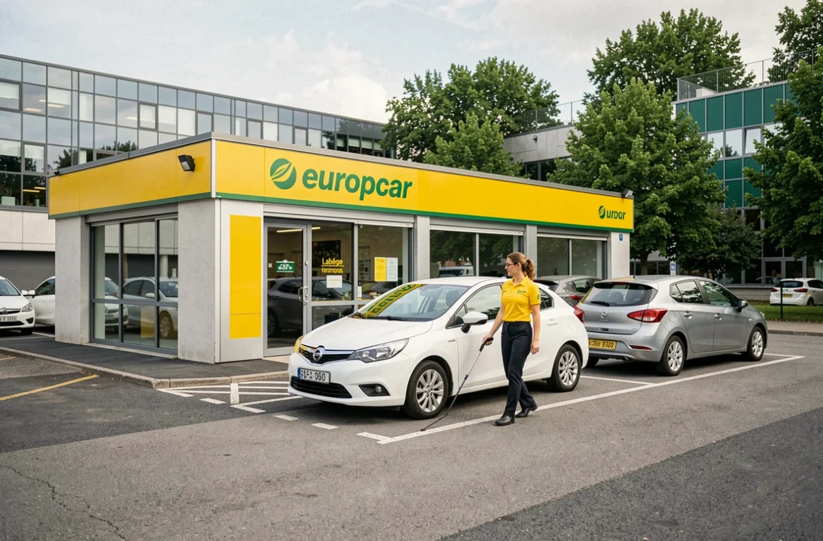 Agence Europcar Labège dans une zone d'activités moderne avec agente accompagnant un client vers une berline blanche