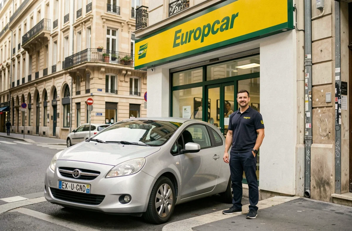 Agence Europcar Toulouse avec signalétique jaune et verte, agent en uniforme et véhicule de location compact garé devant la devanture