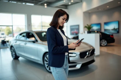 Cliente satisfaite examinant une offre de voiture en ligne dans un showroom automobile moderne lors d'une expérience d'achat Aramisauto