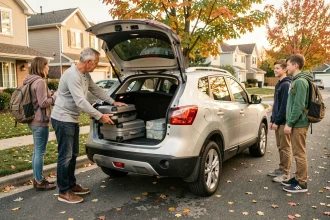 Famille chargeant des bagages dans le coffre d'un Nissan Qashqai argent dans une allée résidentielle en automne