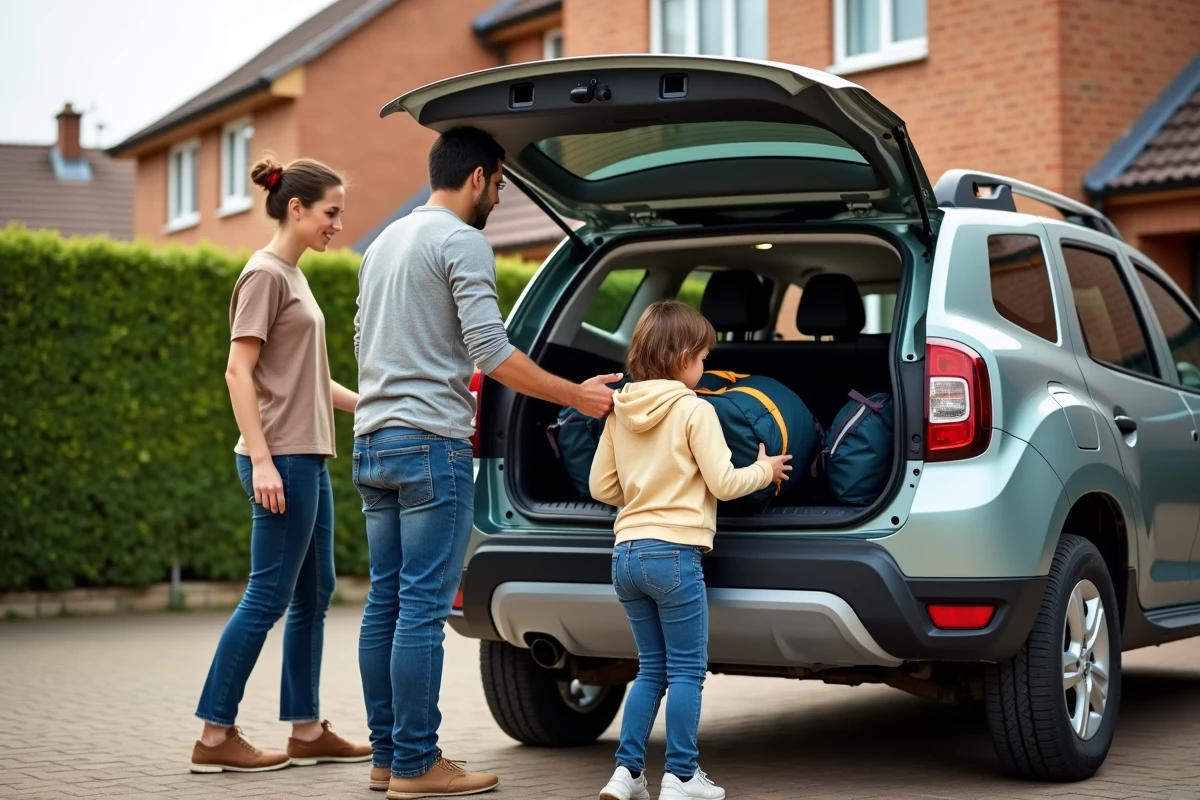 Famille chargeant des bagages dans un SUV familial abordable style Dacia Sandman dans une allée pavillonnaire