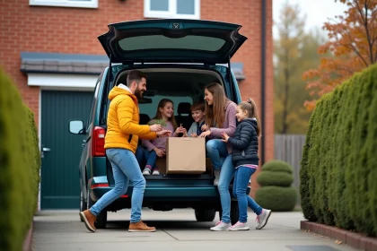 Famille souriante déchargeant des courses devant leur voiture automne