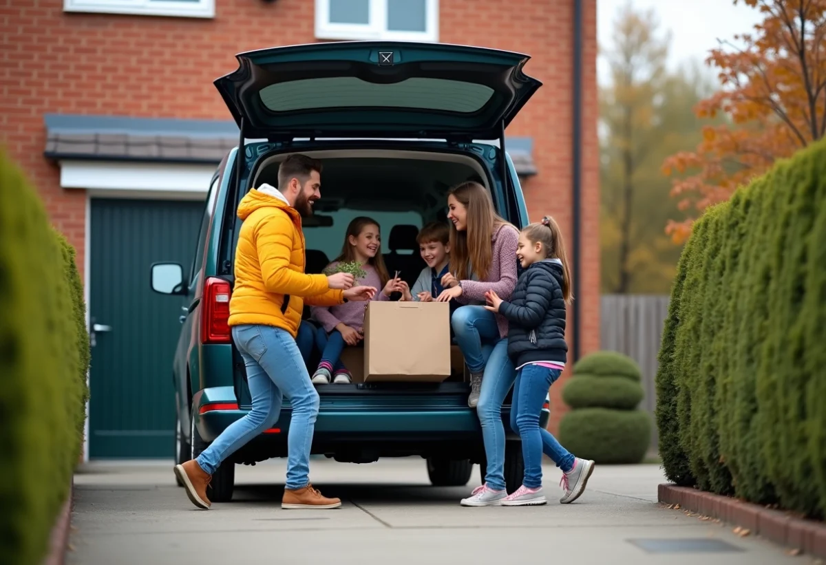 Famille souriante déchargeant des courses devant leur voiture automne
