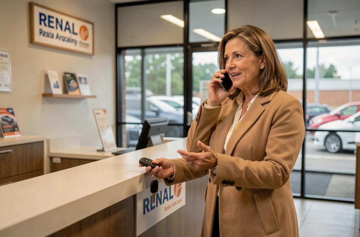 Femme au téléphone au comptoir d'une agence de location cherchant une assurance voiture occasionnelle