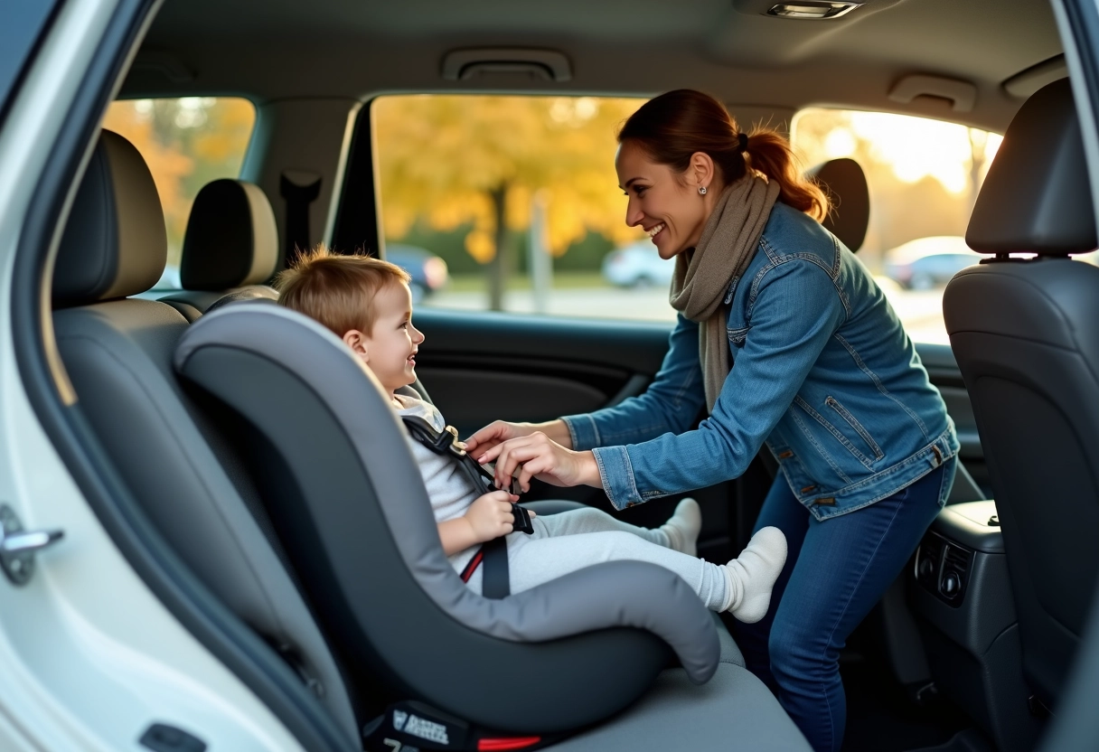 Femme ajustant le siège enfant dans un véhicule familial