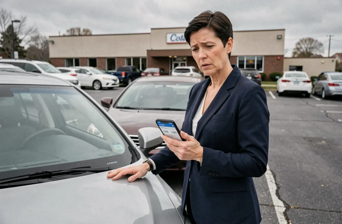 Femme vérifiant son coefficient bonus-malus sur une application d'assurance auto à côté de sa voiture