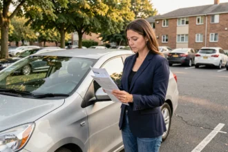 Femme consultant des documents d'assurance voiture occasionnelle près de sa voiture dans un parking résidentiel
