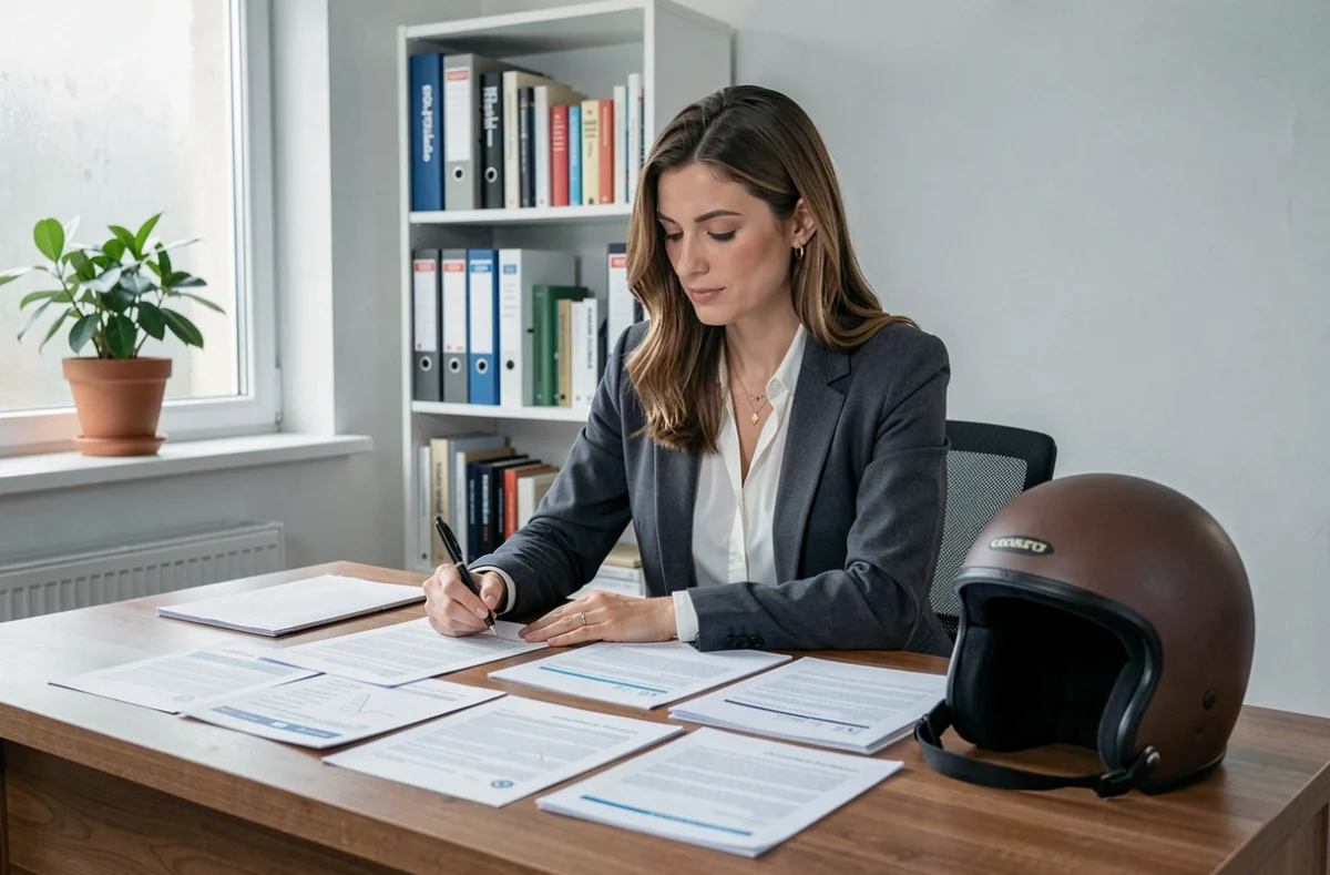Femme à son bureau examinant des documents d'assurance scooter avec malus