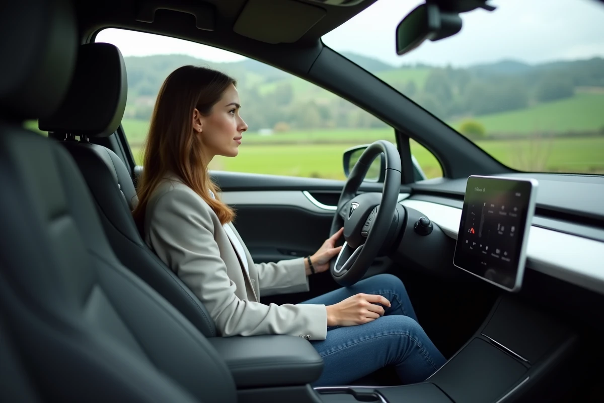 Jeune femme dans une voiture électrique au bord d