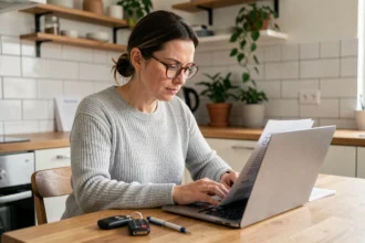 Femme consultant son assurance auto sur un ordinateur portable à la maison