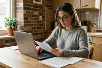 Femme comparant des offres d'assurance auto sur ordinateur portable à Strasbourg pour économiser